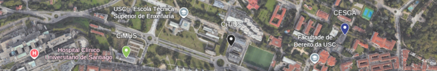 Mapa del campus de la USC: CiMUS, CiTIUS, CESGA, Hospital Clínico y Facultade de Dereito, todos vecinos